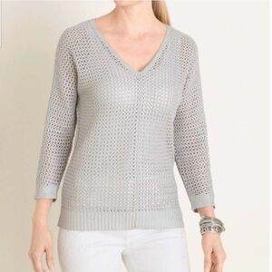 Chico’s Silver Open-Stitch V-Neck Pullover Sweater